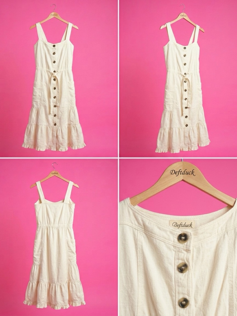 Free People Cream Tiered Button-Front Midi Dress with Tie Waist